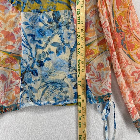 BCBGMAXAZRIA Top S Silk Sheer Floral Metallic Striped Long Sleeve Blue Orange - Picture 10 of 11